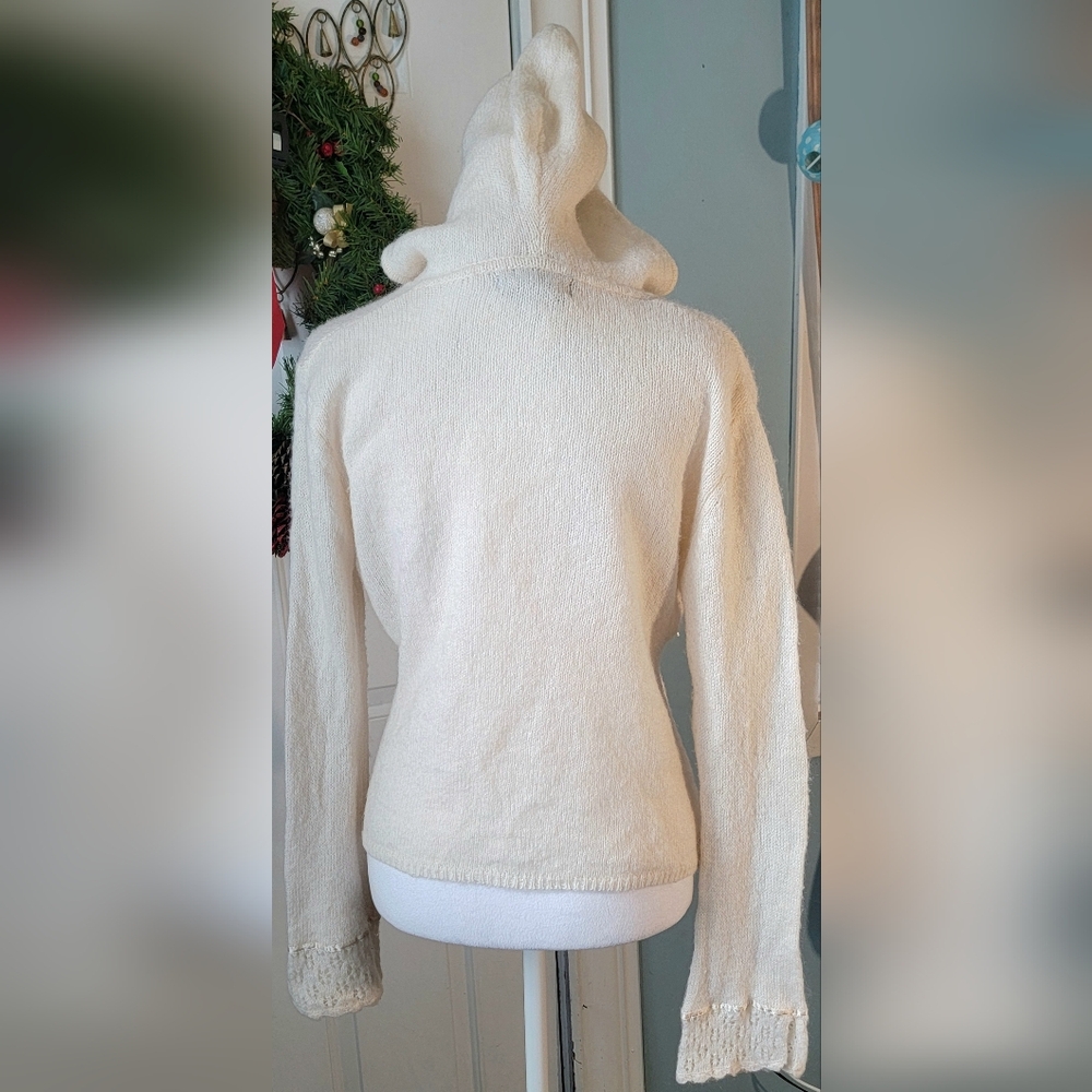 Y2K Hooded Babydoll Sweater Womens L Ivory Open Knit Bell Sleeve Wool Blend Cozy - Picture 4 of 10
